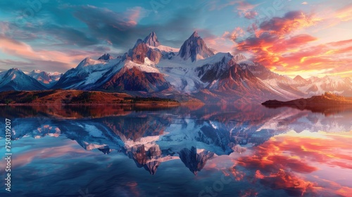 The first light of sunrise sets the sky ablaze with color over a tranquil mountain lake © Nakarin