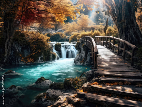 Mystical Autumn Waterfall Tranquil Forest Bridge