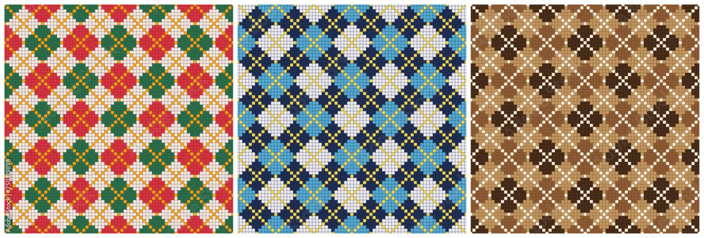 Seamless diagonal square shape patterns with lines in red green blue brown and white for textile design. Seamless diagonal square shape patterns with lines in red green blue brown and white for textile design.