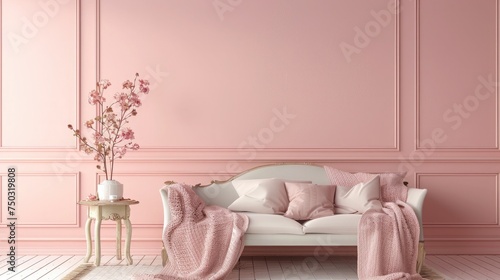 Pastel Pink Living Room with Sofa and Furniture. 3d Render © Zeenat
