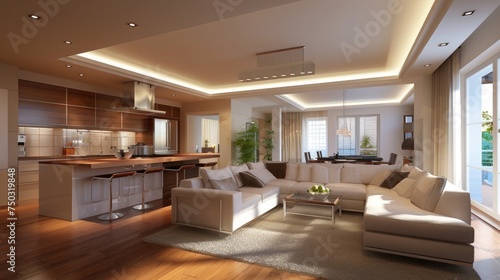 Picture of modern living and kitchen area. Render image. © Zeenat