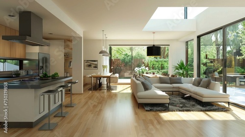 Picture of modern living and kitchen area. Render image.