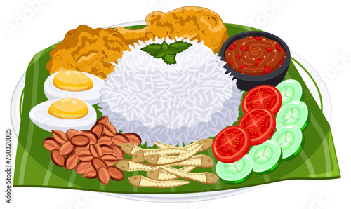 Nasi Lemak: Fried Chicken, Sambal, Cucumbers, Tomatoes, Anchovies, Fried Peanuts and Boiled Eggs - Indonesian Cuisine  