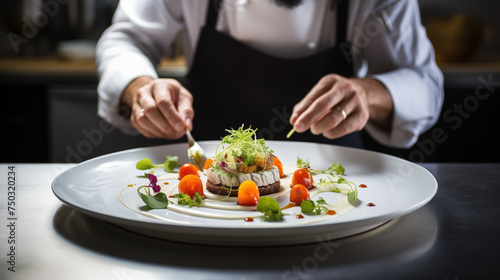 Amidst the sophistication of a luxurious restaurant kitchen  a skilled food stylist delicately adds the final touches to a beautifully plated dish  the close-up shot immersing.