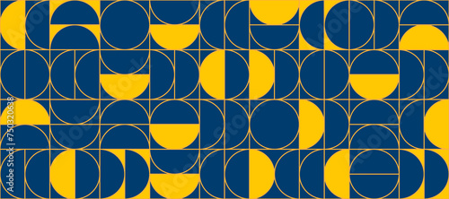 Blue and yellow semicircle seamless pattern. Abstract geometric half circle and square repeating background. Swiss modernist or postmodernist style wallpaper. Vector navy and gold modular backdrop