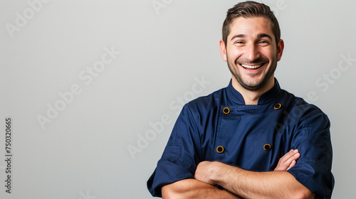 An image capturing the joyous expression of a male chef as he dons his professional blue uniform against a blank, white canvas