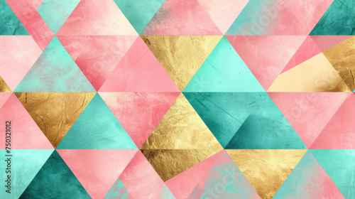 Geometric abstract background with a combination of pink, turquoise and gold for modern wallpaper