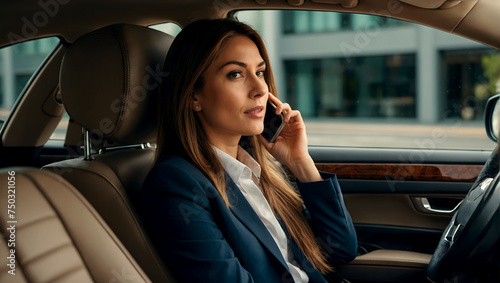 A businesswoman sitting in a car talking on a cell phone. Ai generated.