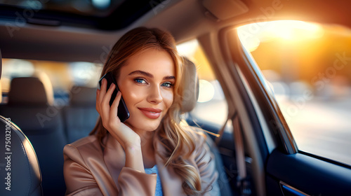 Portrait photo of a businesswoman sitting in a car and talking on a cell phone. Ai generated. © Dzenka