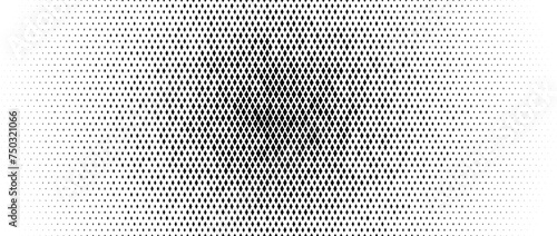 Rhombus dot radial gradient texture. Diamond dots halftone fading pattern. Abstract geometric particles vanishing background. Rhomb shape grunge overlay structure. Vector black and white wallpaper