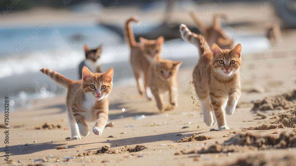 Cats in a Beachside Sprint on Sunny Day
. A lively pack of cats races across a sandy beach, leaving a trail of paw prints and stirred sand under the bright sunlight.
 - obrazy, fototapety, plakaty 