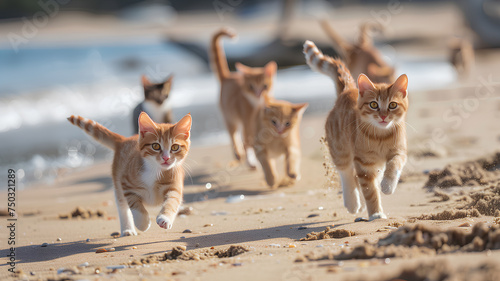 Cats in a Beachside Sprint on Sunny Day . A lively pack of cats races across a sandy beach, leaving a trail of paw prints and stirred sand under the bright sunlight. 