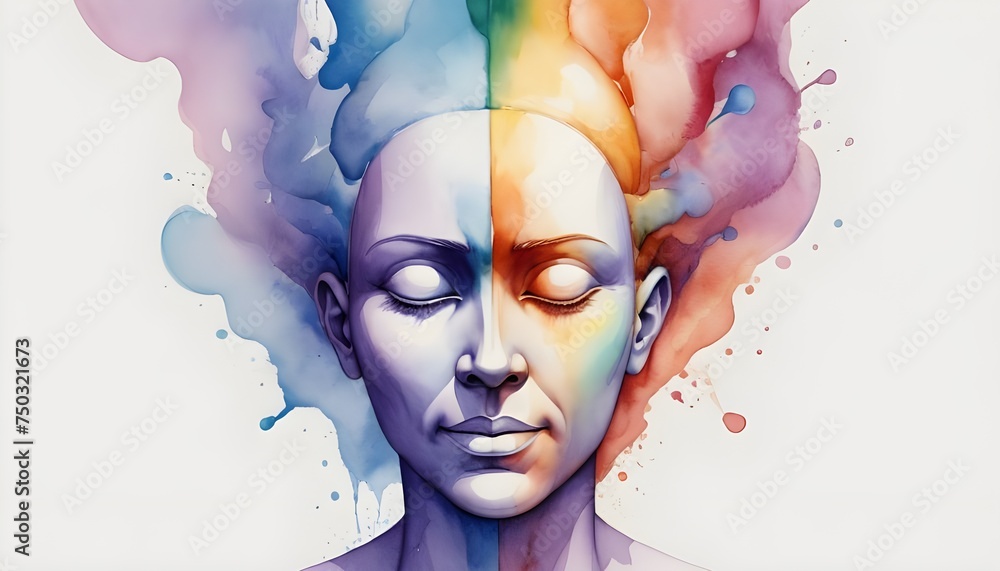 human head spiritual energy bipolar disorder mind mental health feel psychology abstract body soul art color watercolor painting illustration design symbol happy unhappy positive negative 