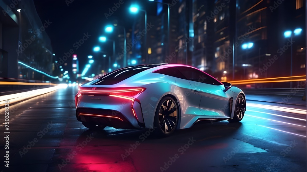 Modern futuristic car in movement. Cars lights on the road at night time. Timelapse, hyperlapse of transportation. Motion blur, light trails, abstract