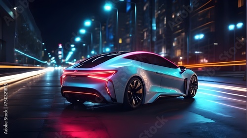 Modern futuristic car in movement. Cars lights on the road at night time. Timelapse, hyperlapse of transportation. Motion blur, light trails, abstract