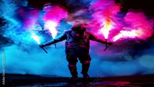 Vendettas wearing closed clothing carry colored flaming flares among the city's settlements