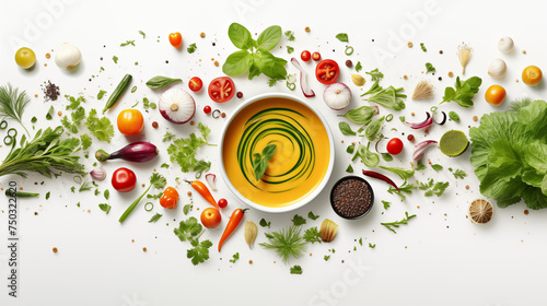Vibrant vegetables and herbs artfully arranged on top, steam rising delicately, suggesting freshness and flavor.