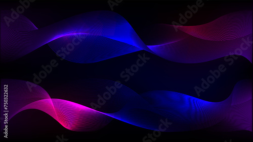 Vector abstract light wave. Blue pink purple neon pattern. Technology curve line background. Soundwave wavelength magnetic squiggle. Neural fabric fiber loop.