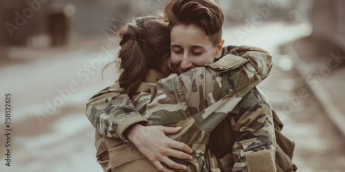 woman is hugging her soldier, generative AI