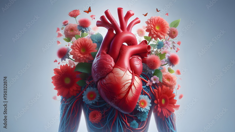 red human heart with flowers