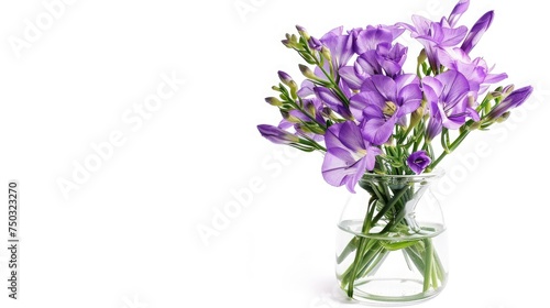 purple freesia in glass vase on white background