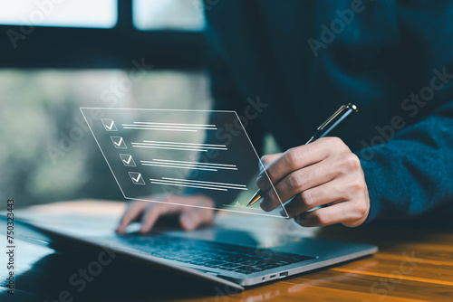 businessman signs form agreement online technology on the laptop. concept of used signature in transaction business, bank, document electronic smart contract, signature on form agreement digital