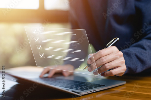 businessman signs form agreement online technology on the laptop. concept of used signature in transaction business, bank, document electronic smart contract, signature on form agreement digital