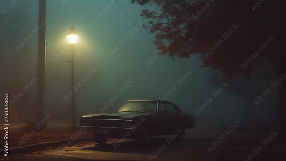 An eerie foggy night shot of a lone car parked under a flickering streetlight with rumors of a ghostly hitchhiker appearing to unsuspecting drivers who p by. An eerie foggy night shot of a lone car parked under a flickering streetlight with rumors of a ghostly hitchhiker appearing to unsuspecting drivers who p by.