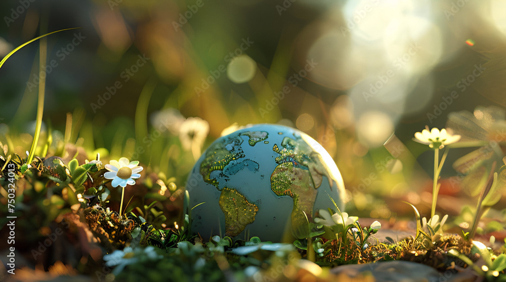 Earth Day banner. A cute 3d plastic globe among grass and wildflowers, against a morning cloudy sky. Ecology concept for backdrop, banner, greeting card, template with copy space Earth Day banner. A cute 3d plastic globe among grass and wildflowers, against a morning cloudy sky. Ecology concept for backdrop, banner, greeting card, template with copy space