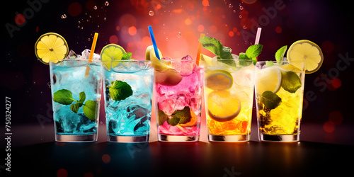 Vibrant Fresh drink cocktails with colorful ice lemon lime and fruits on dark bokeh background