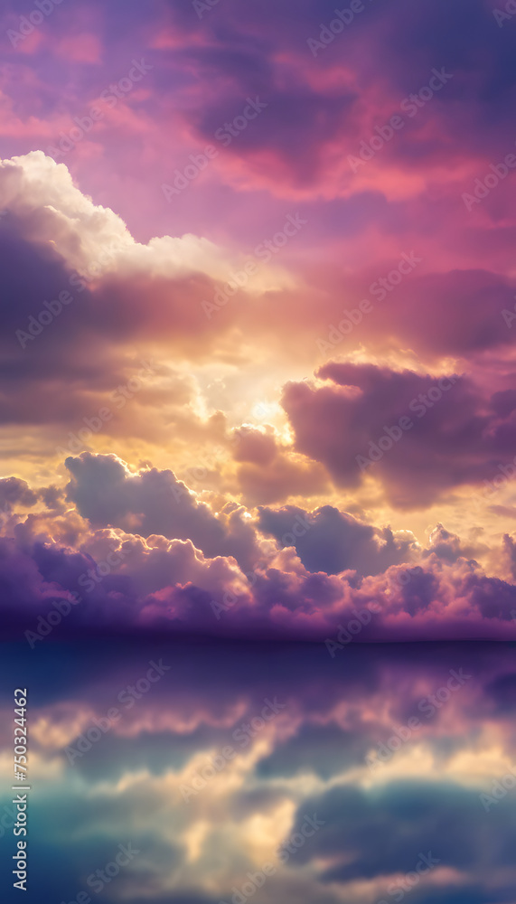 Fototapeta premium Dramatic sky with vibrant purple and pink clouds reflected over tranquil water at sunset.