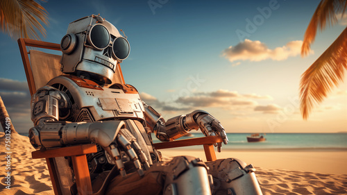 Lonely Robot sitting on beach chair at the beach in sunset photo