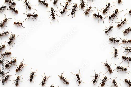 Ants circle frame on white background. Groups of insect with copy space. Insect colony, control disinfection