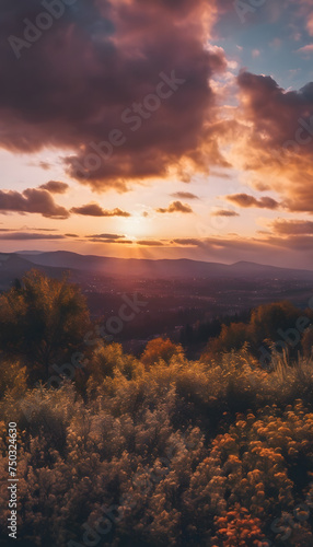 Breathtaking sunset over a forested landscape with vibrant clouds and warm light filtering through.