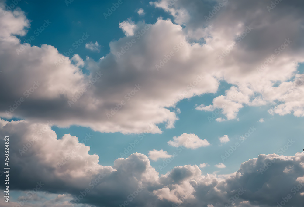 Serene sky with fluffy cumulus clouds and sunlight piercing through on a peaceful day. Serene sky with fluffy cumulus clouds and sunlight piercing through on a peaceful day.