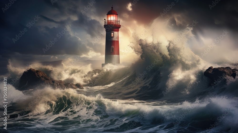 Ship lighthouse storm waves sea