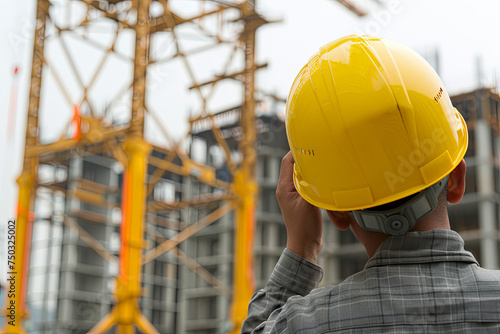 Engineer in a building construction site holding a yellow safety helmet, with a crane in the background