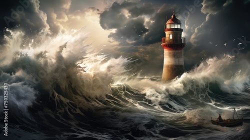 Ship lighthouse storm waves sea