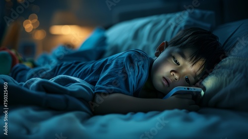 Toddler secretly playing with phone on bed in dark room photo