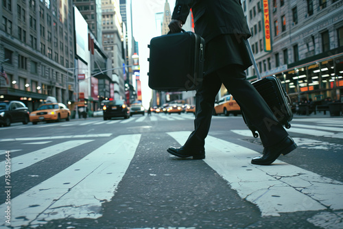 Businessman swiftly crossing a city street, carrying luggage photo