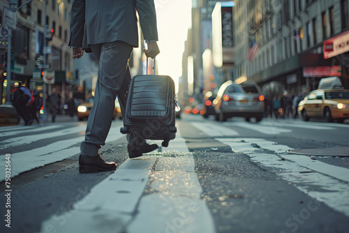Businessman swiftly crossing a city street, carrying luggage photo
