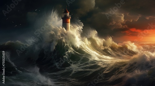 Ship lighthouse storm waves sea © png sublimation