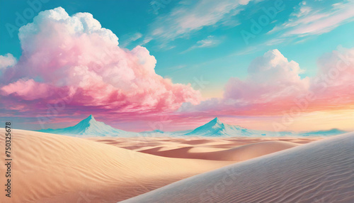 concept of surreal in sandy desert. Soft pastel colors ,Beautiful cloud with blue sky and pink clouds , fantastic desert