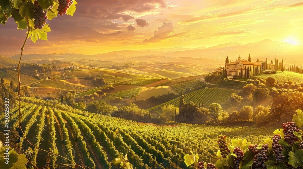 Ripe grapes on the vines in Tuscany, Italy. Picturesque winery farm, vineyard. Sunset warm light. Empty place. place for text. - obrazy, fototapety, plakaty 