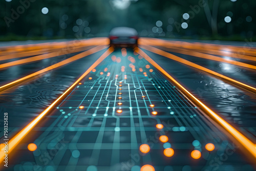 Futuristic road designed for intelligent self-driving cars, with an Artificial Intelligence system that detects objects and corrects wrong car lanes, concept of future vehicle safety and accident redu photo