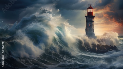Wallpaper Mural Ship lighthouse storm waves sea Torontodigital.ca