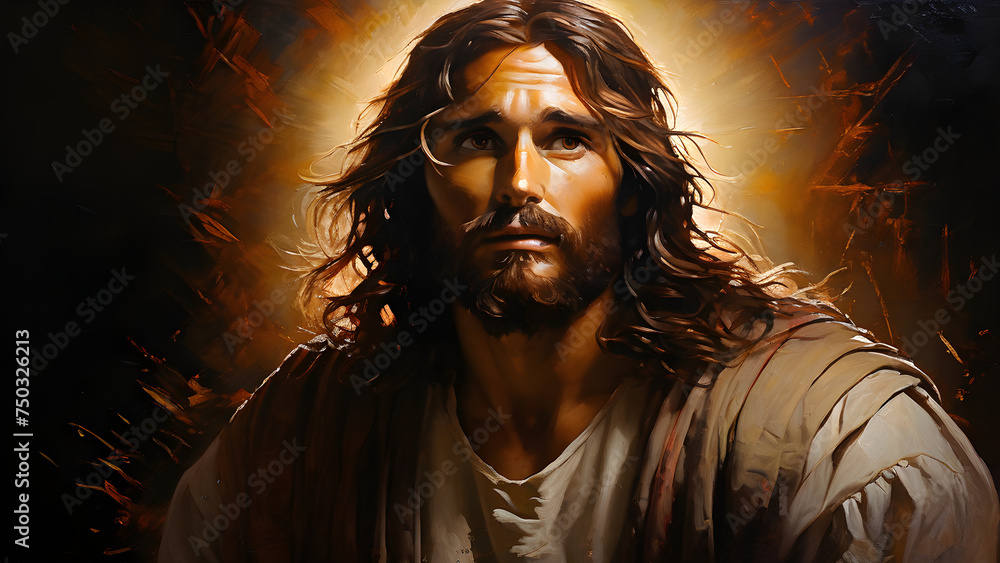 painting of Jesus, looking worried, 16:9 aspect ratio