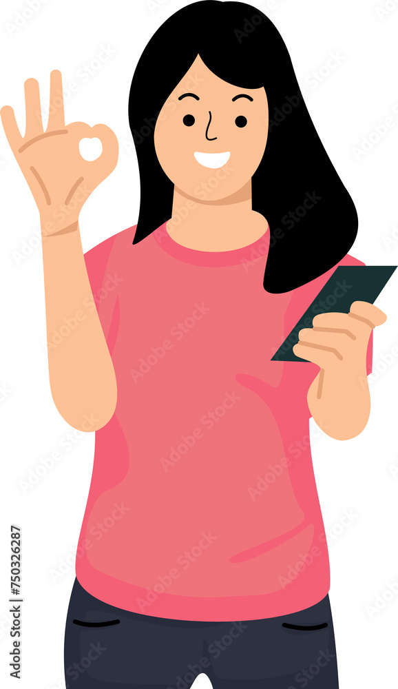 woman online shopping with mobile phone and showing OK sign or woman holding smartphone and showing OK sign woman online shopping with mobile phone and showing OK sign or woman holding smartphone and showing OK sign