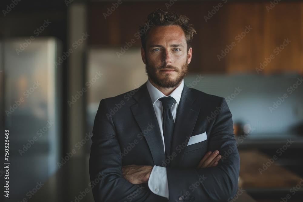 Fototapeta premium Confident Businessman in Suit Standing with Arms Crossed in Modern Office Interior