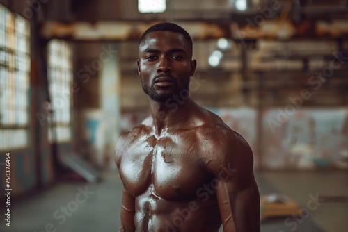 Confident Muscular African American Man Posing in a Gym Setting with Dramatic Lighting